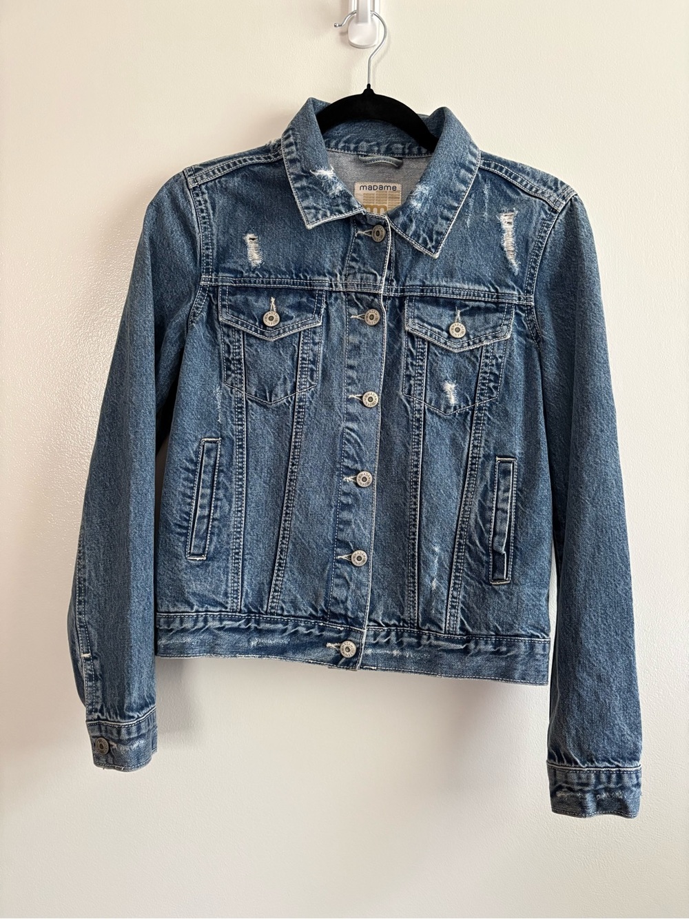 Madame Blue Floral Embroidered Distressed Denim Jacket Size Small